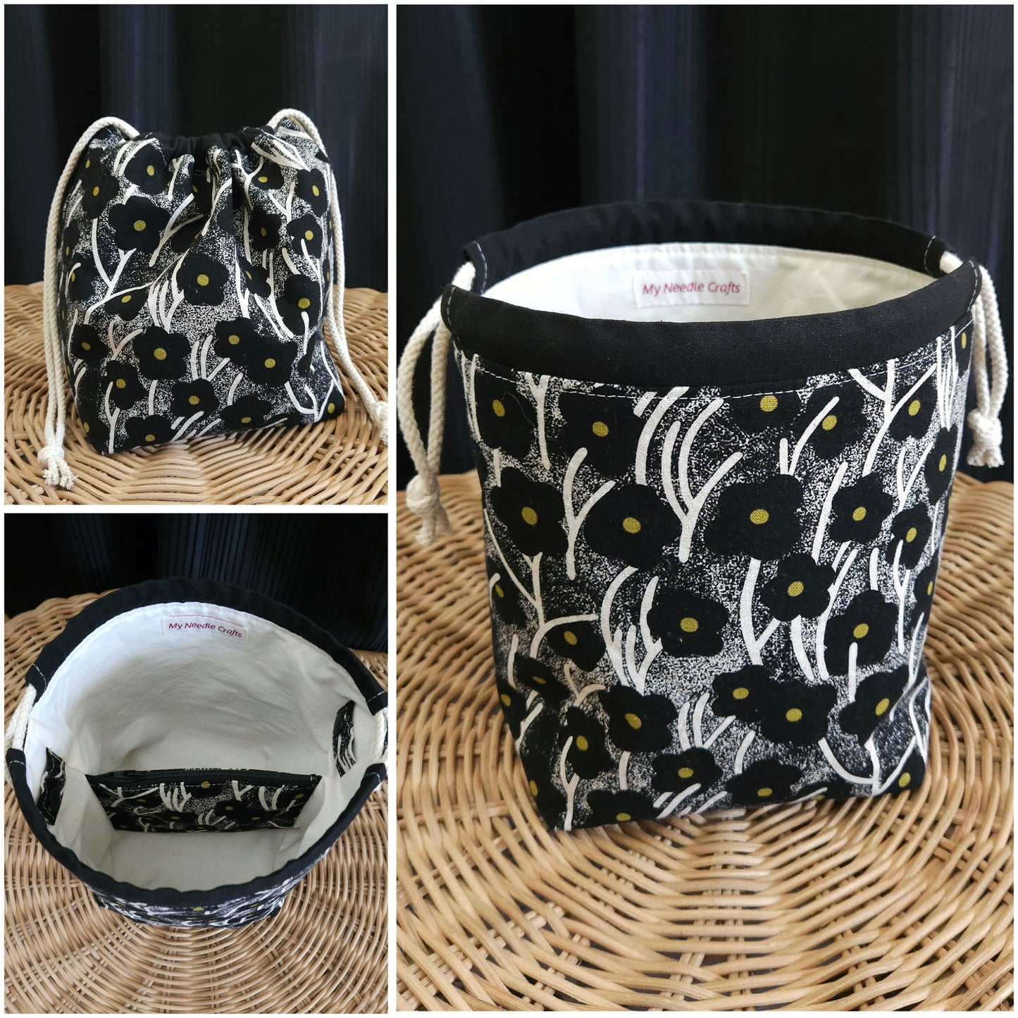 Black Flowers Print Linen Divided Sock Knitting Bag