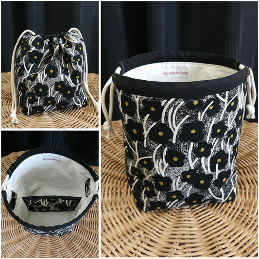 Black Flowers Print Linen Divided Sock Knitting Bag