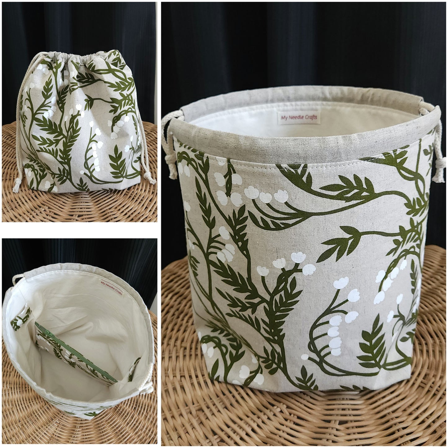 Green Vines Print Linen Divided Shawl Size Bag