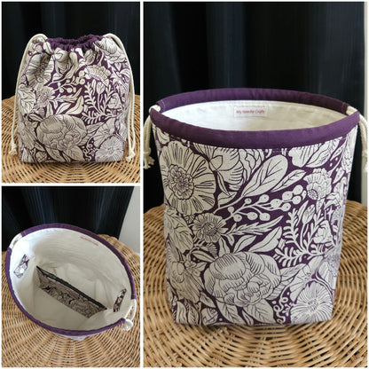 Eggplant Floral Print Linen Divided Shawl Size Bag