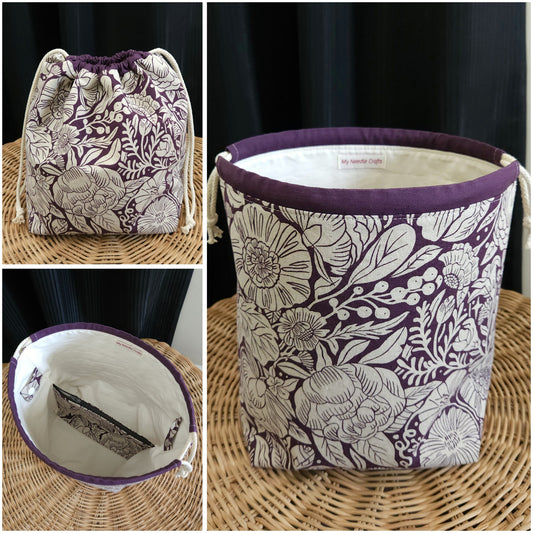 Eggplant Floral Print Linen Divided Shawl Size Bag