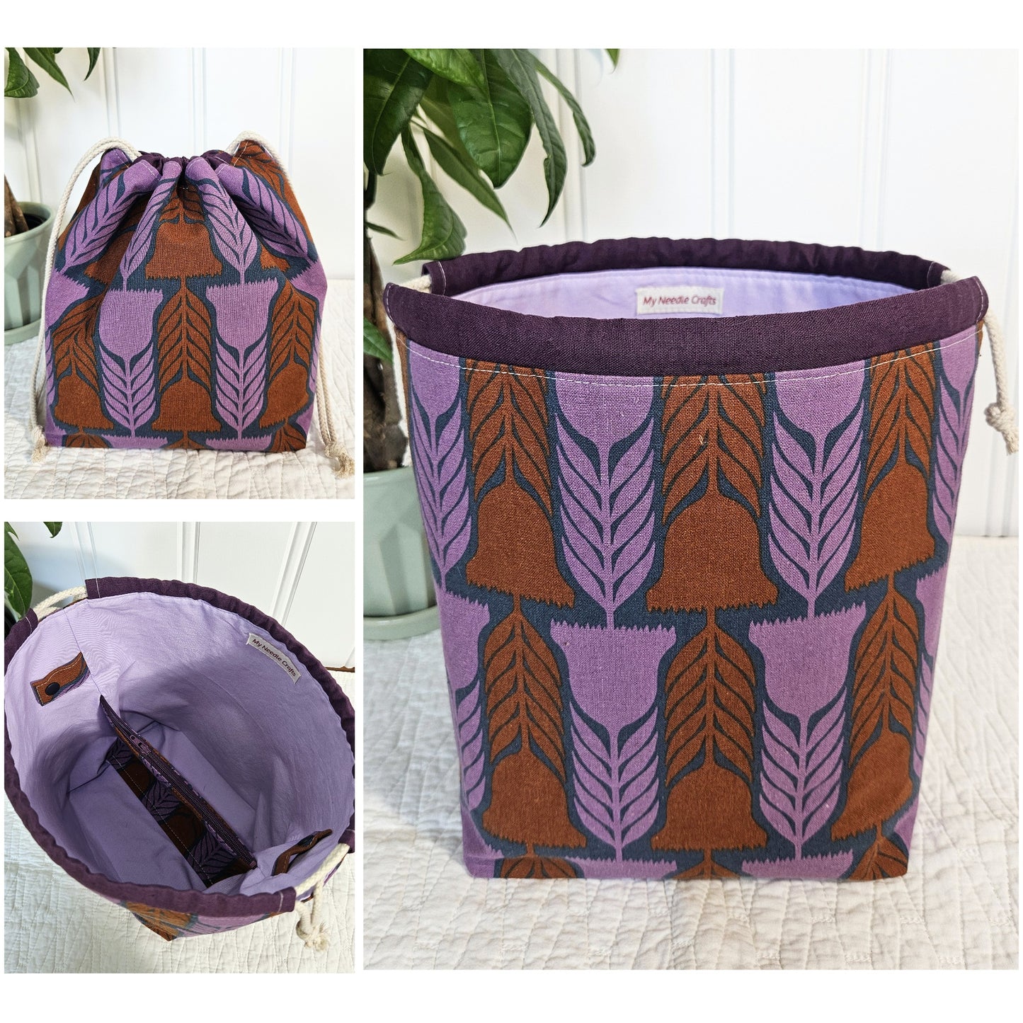 Purple Flowers Linen Divided Shawl Size Bag
