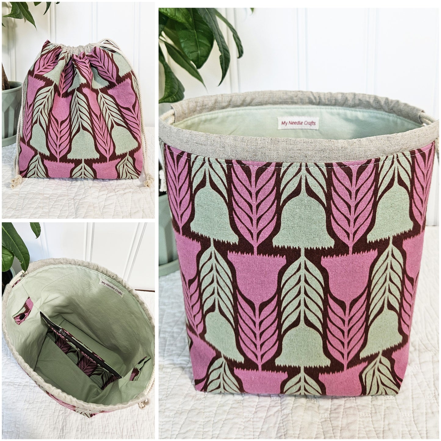 Pink Flowers Linen Divided Shawl Size Project Bag