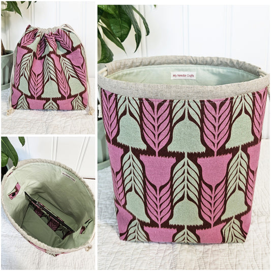 Pink Flowers Linen Divided Shawl Size Project Bag