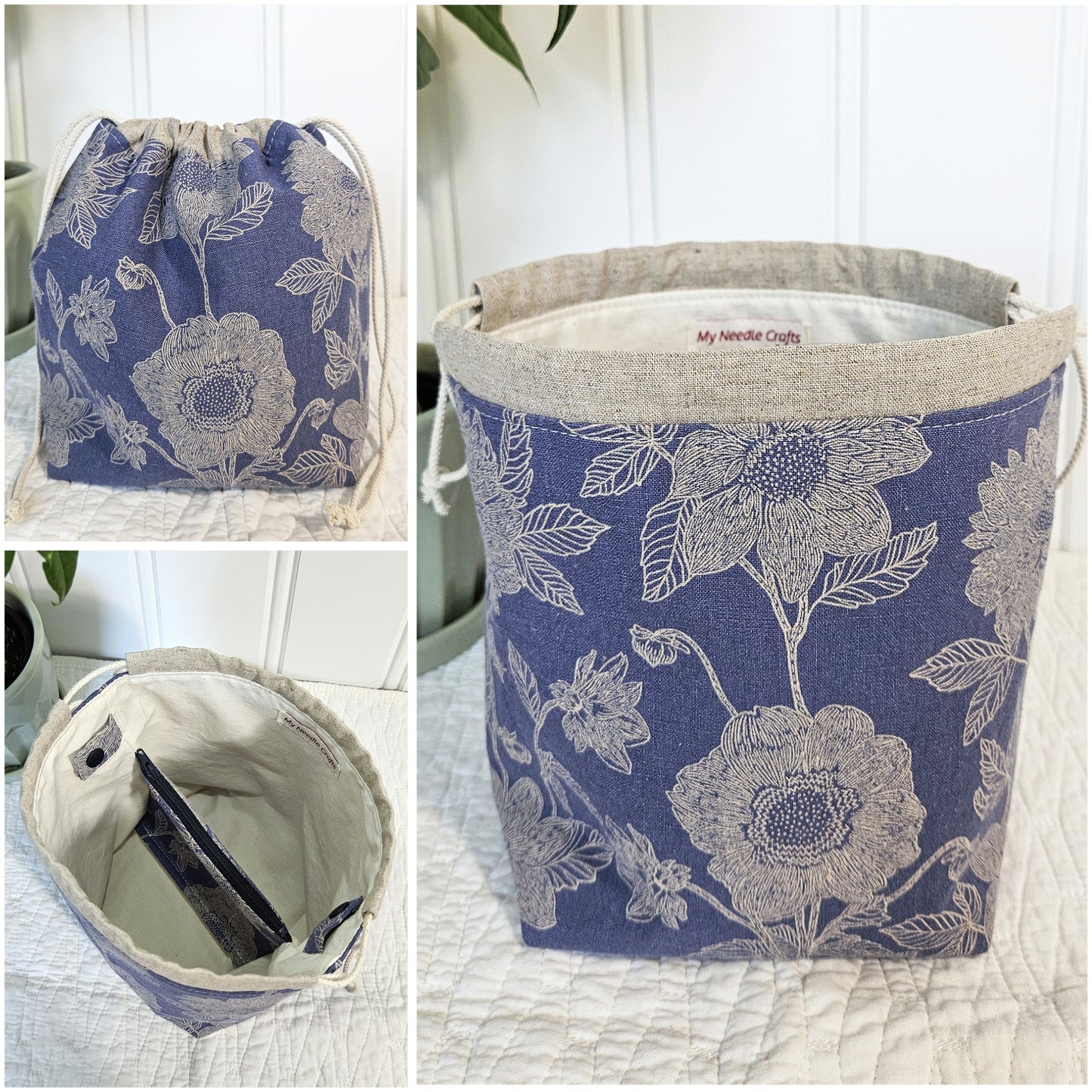 Flowers on Periwinkle Blue Print Sock Knitting Project Bag