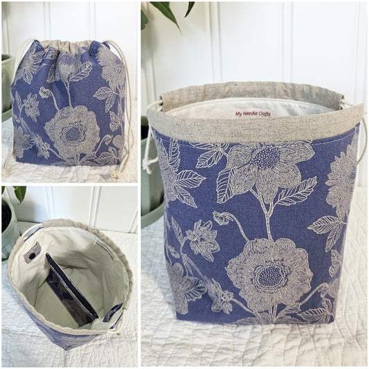 Flowers on Periwinkle Blue Print Sock Knitting Project Bag