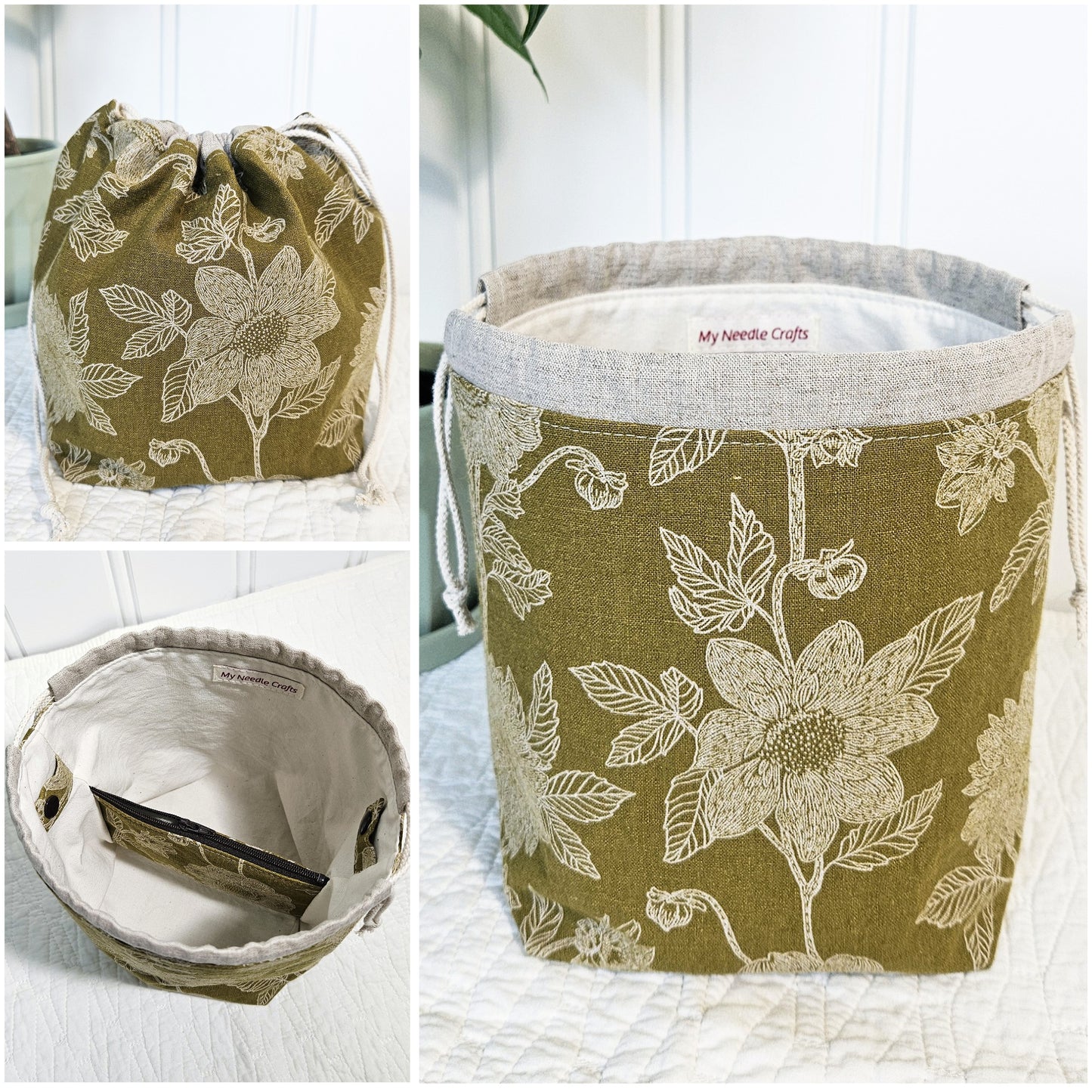 Flowers on Olive Yellow Print Sock Knitting Project Bag