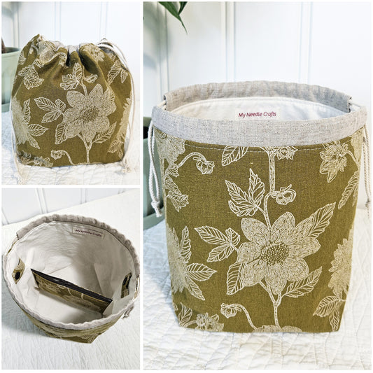 Flowers on Olive Yellow Print Sock Knitting Project Bag