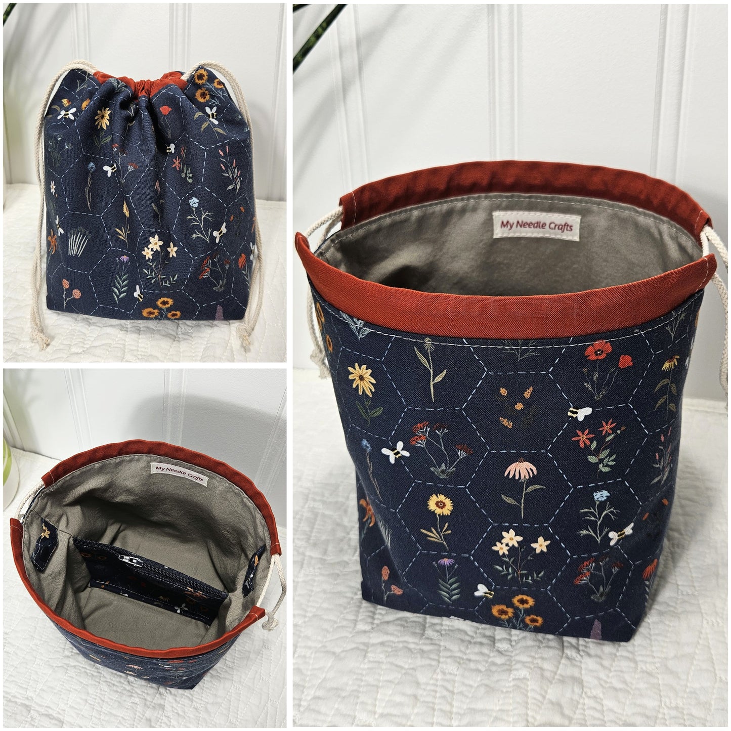 Hexi Wildflower print Project Bag for two at a time sock knitting