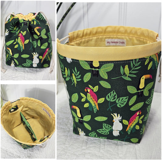 Parrots print Project Bag for Two at a Time Sock Knitting