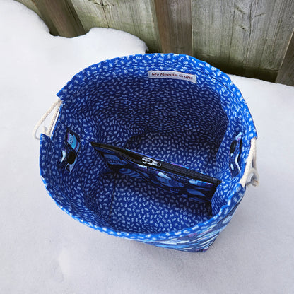 Sweater Weather (Blue) Print Divided Sock Size Knitting Bag
