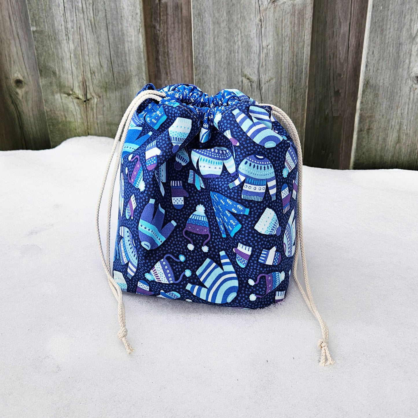 Sweater Weather (Blue) Print Divided Sock Size Knitting Bag