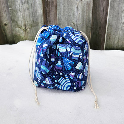 Sweater Weather (Blue) Print Divided Sock Size Knitting Bag
