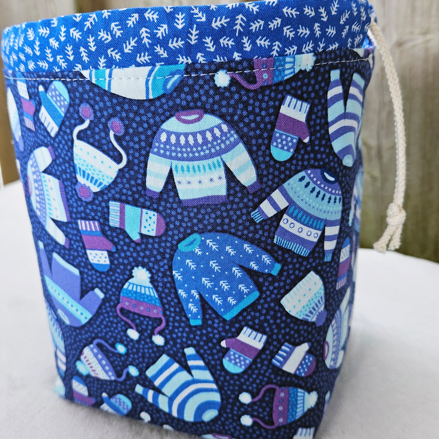 Sweater Weather (Blue) Print Divided Sock Size Knitting Bag