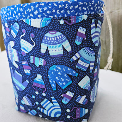 Sweater Weather (Blue) Print Divided Sock Size Knitting Bag