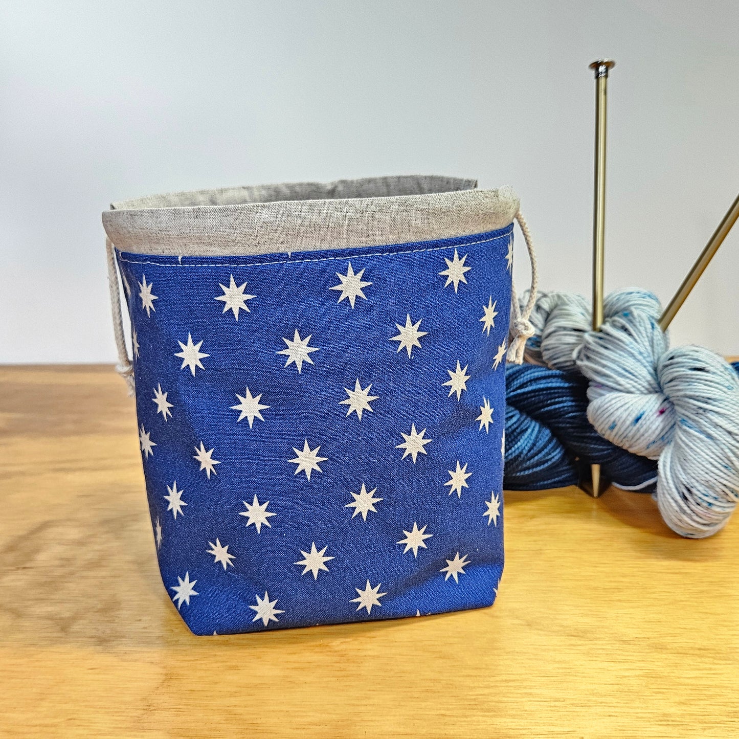 Little Stars on Blue Print Divided Sock Size Knitting Bag