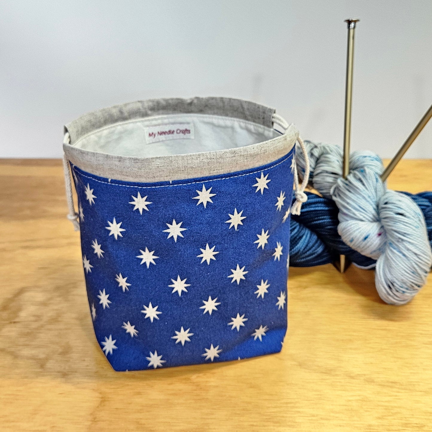 Little Stars on Blue Print Divided Sock Size Knitting Bag