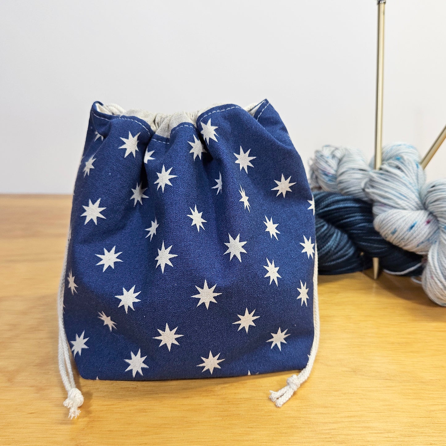 Little Stars on Blue Print Divided Sock Size Knitting Bag