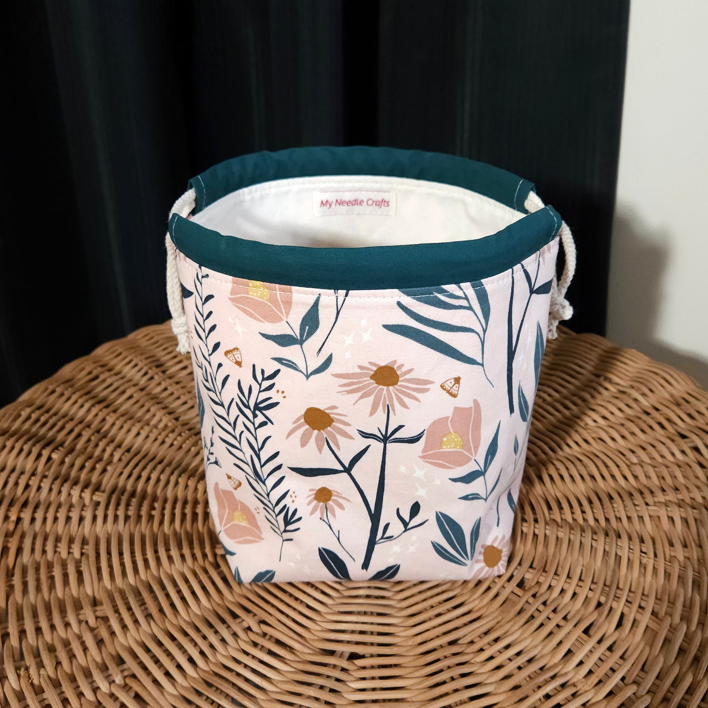 Peach Floral Print Divided Sock Size Knitting Bag