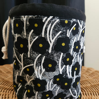 Black Flowers Print Linen Divided Sock Knitting Bag