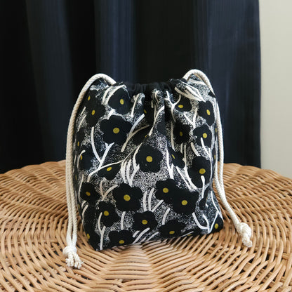 Black Flowers Print Linen Divided Sock Knitting Bag