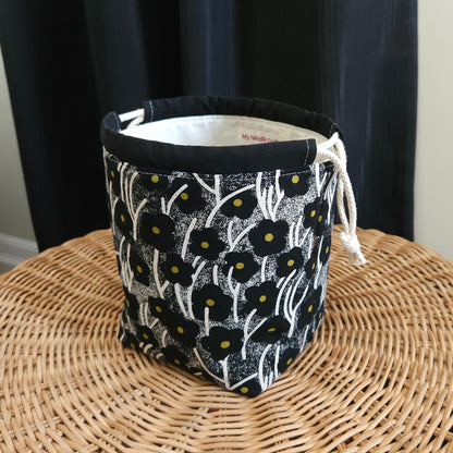 Black Flowers Print Linen Divided Sock Knitting Bag