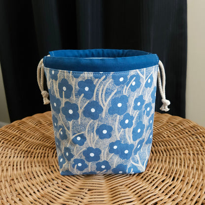 Blue Flowers Print Linen Divided Sock Knitting Bag