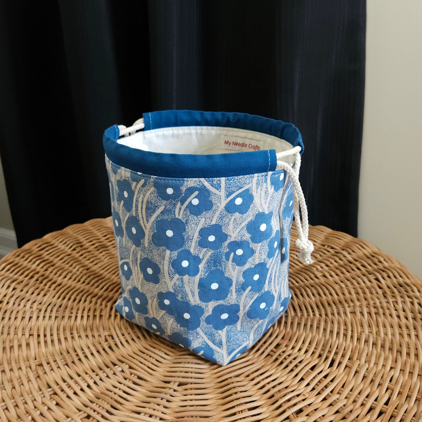 Blue Flowers Print Linen Divided Sock Knitting Bag
