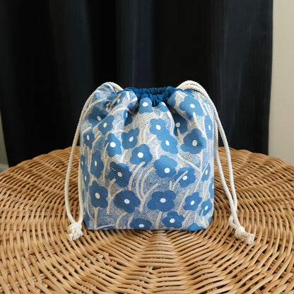 Blue Flowers Print Linen Divided Sock Knitting Bag