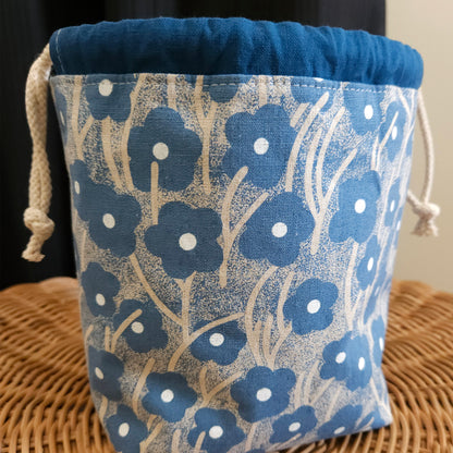 Blue Flowers Print Linen Divided Sock Knitting Bag
