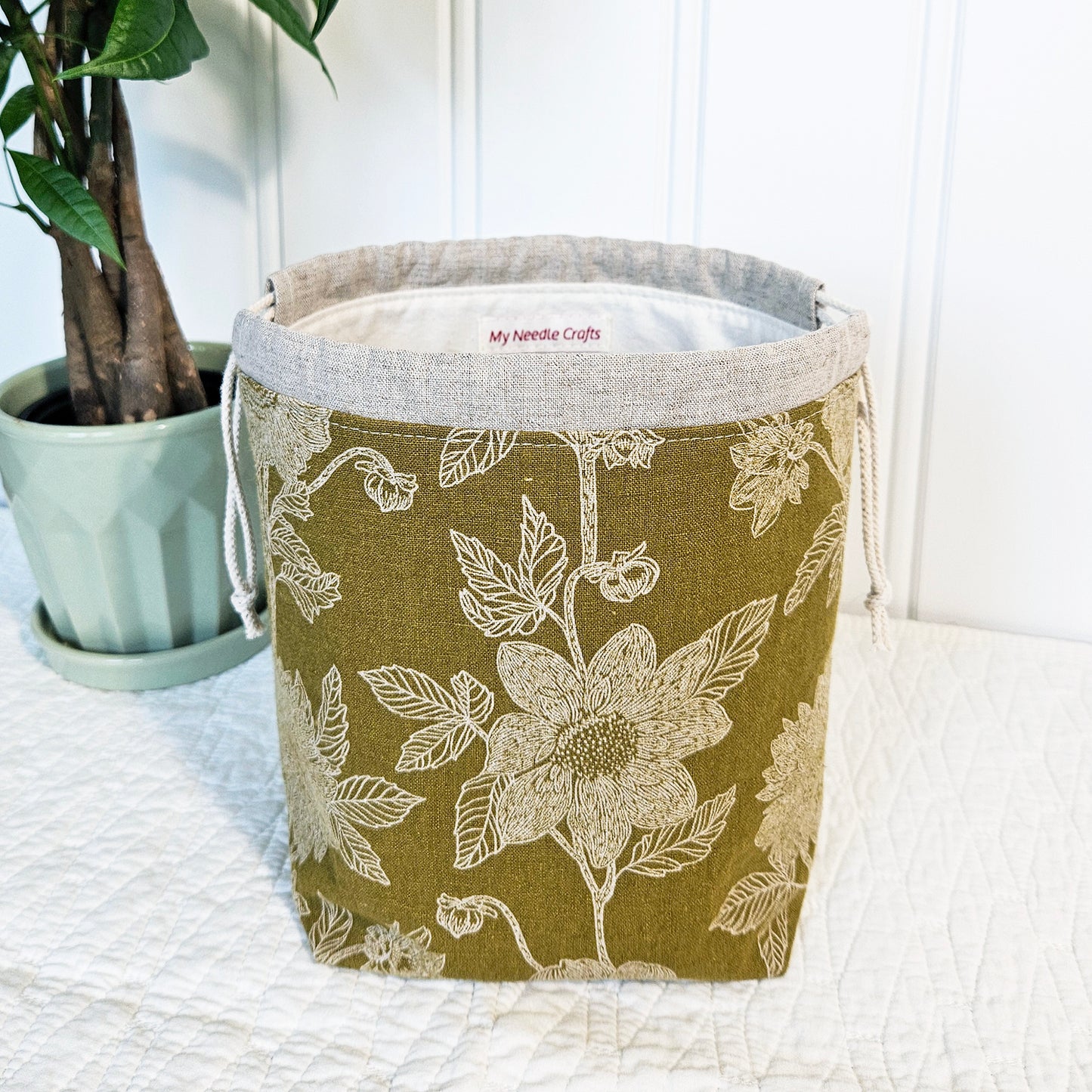Flowers on Olive Yellow Print Sock Knitting Project Bag