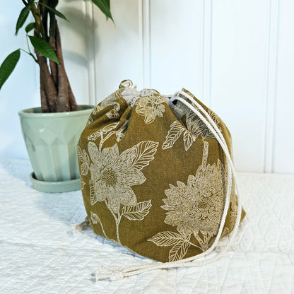 Flowers on Olive Yellow Print Sock Knitting Project Bag