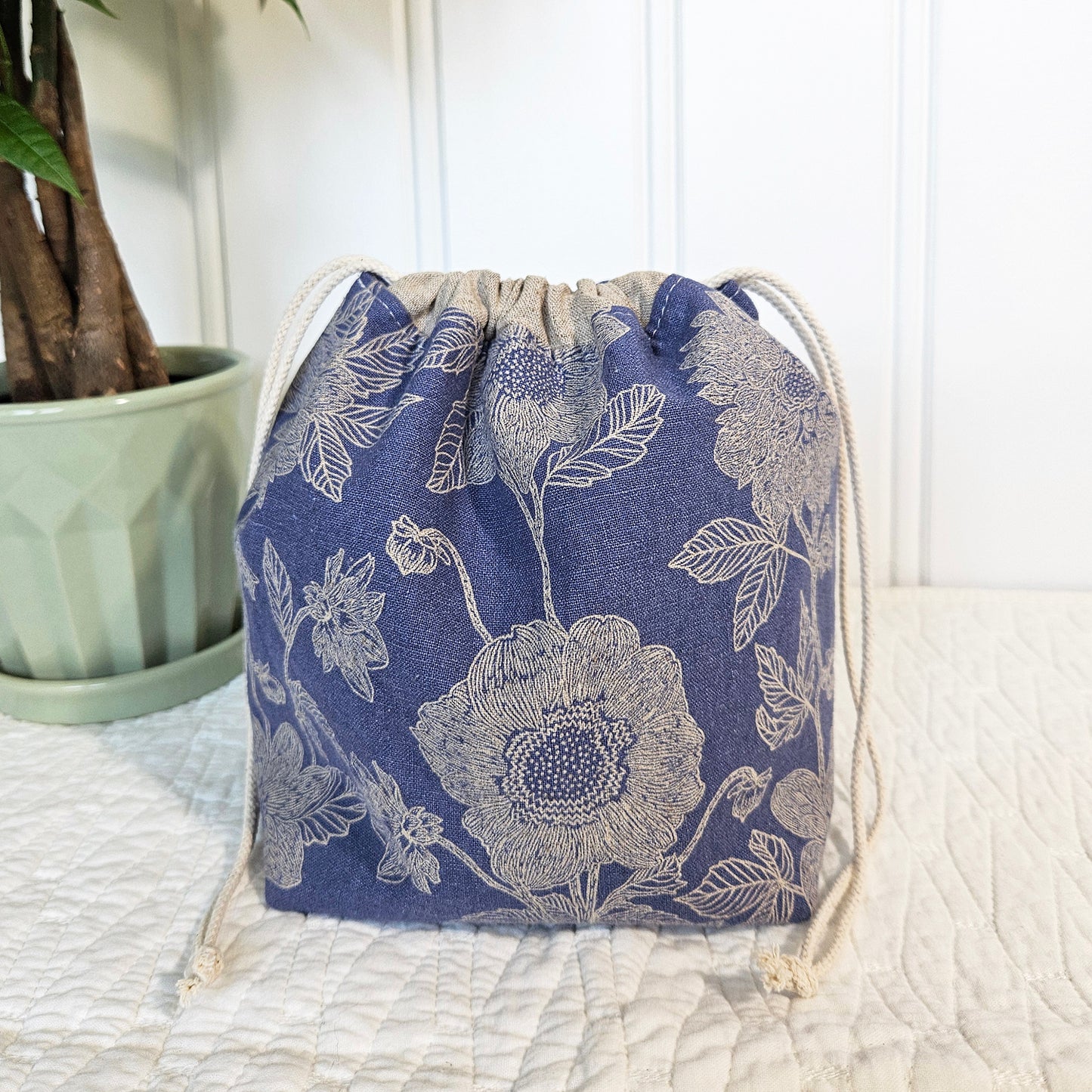 Flowers on Periwinkle Blue Print Sock Knitting Project Bag