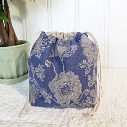 Flowers on Periwinkle Blue Print Sock Knitting Project Bag