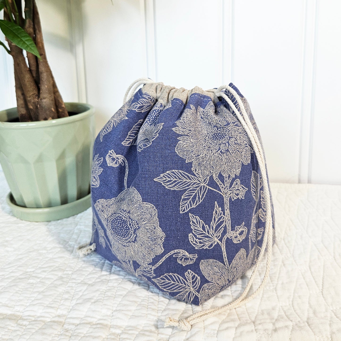 Flowers on Periwinkle Blue Print Sock Knitting Project Bag