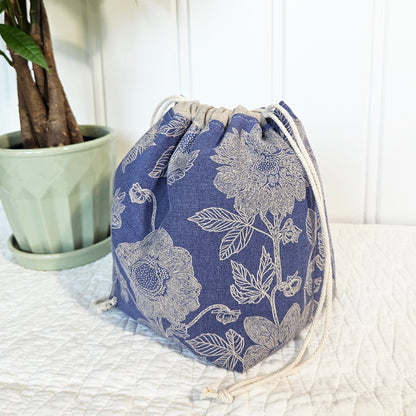 Flowers on Periwinkle Blue Print Sock Knitting Project Bag