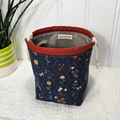 Hexi Wildflower print Project Bag for two at a time sock knitting
