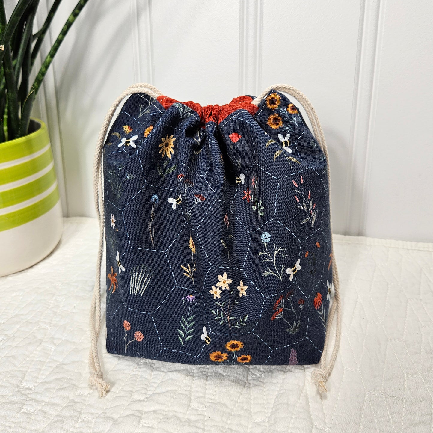 Hexi Wildflower print Project Bag for two at a time sock knitting