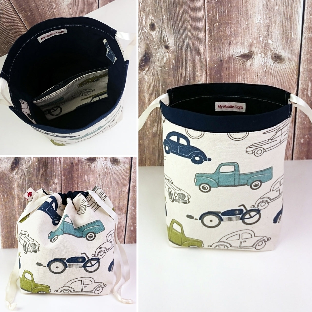 Vintage Car Print Divided Sock Size Knitting Bag