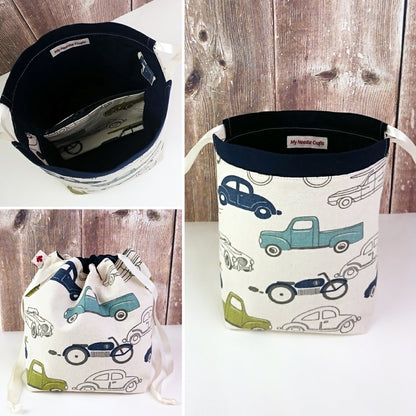 Vintage Car Print Divided Sock Size Knitting Bag