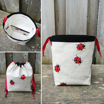 Lady Bug Print Divided Sock Size Knitting Bag