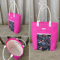 Firefly Tote in Hot Pink with knitting theme print