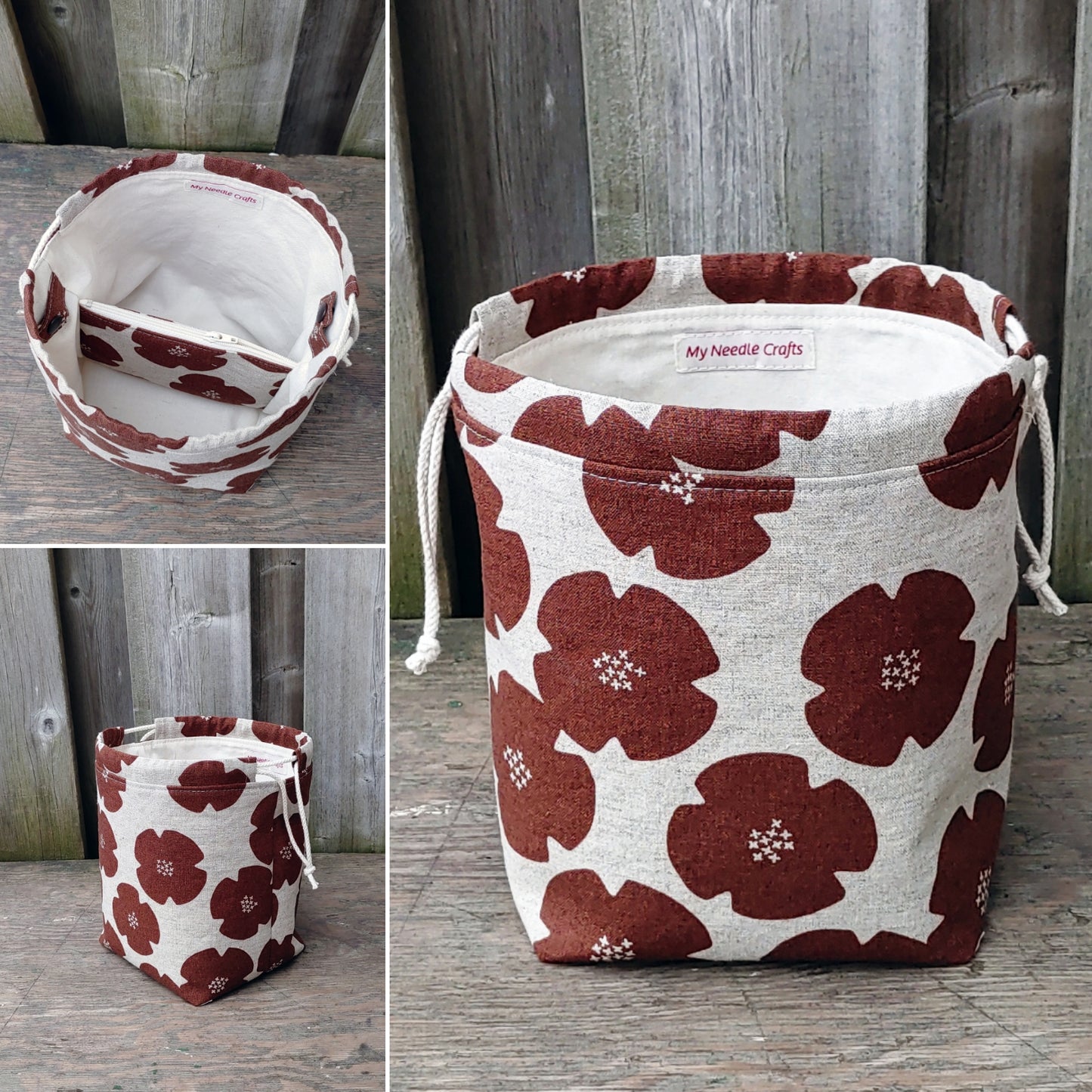 Rust Flower Print Divided Sock Size Knitting Bag