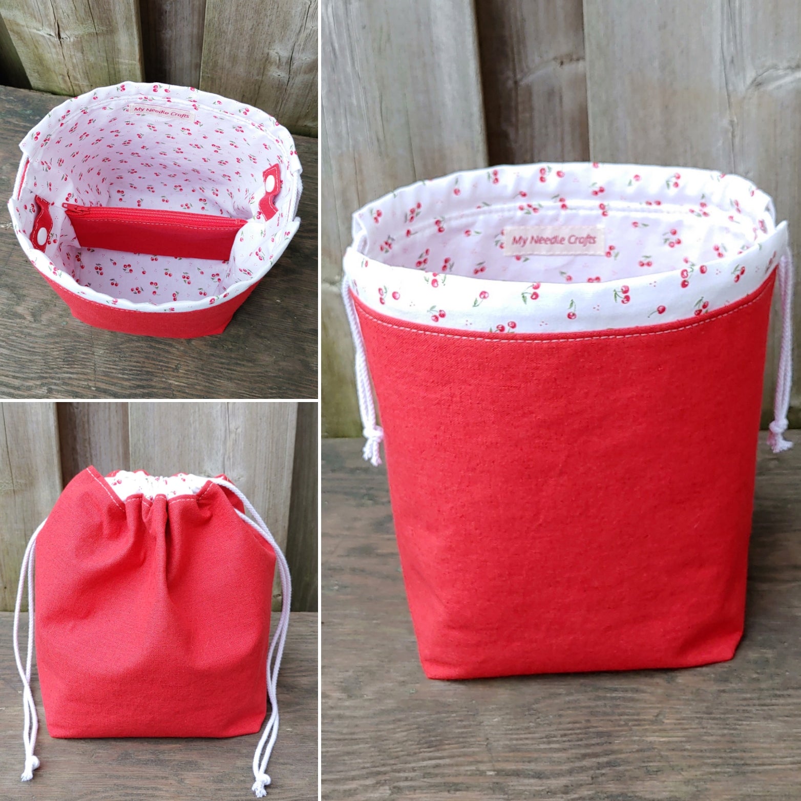 Red Cherries Print Divided Sock Size Knitting Bag