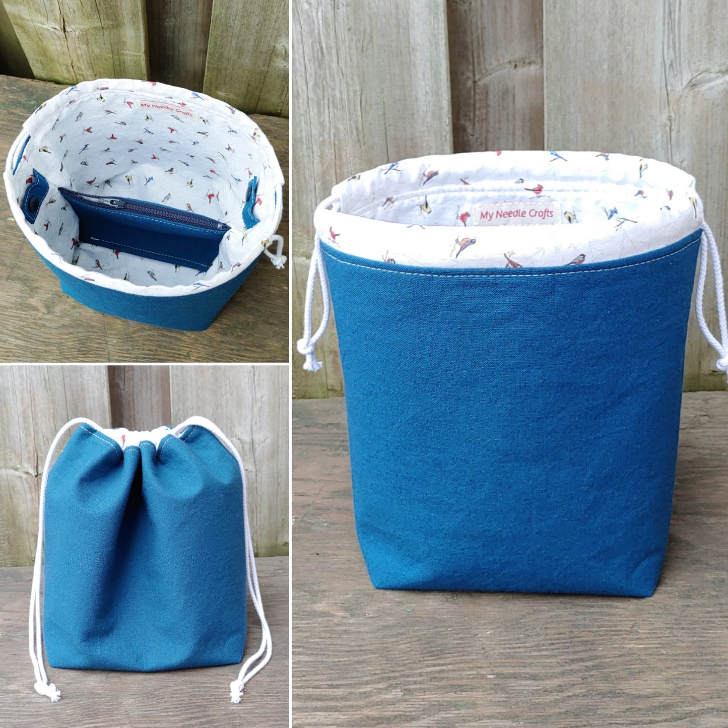 Blue with Birds Print Divided Sock Size Knitting Bag