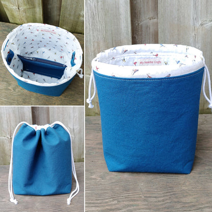 Blue with Birds Print Divided Sock Size Knitting Bag