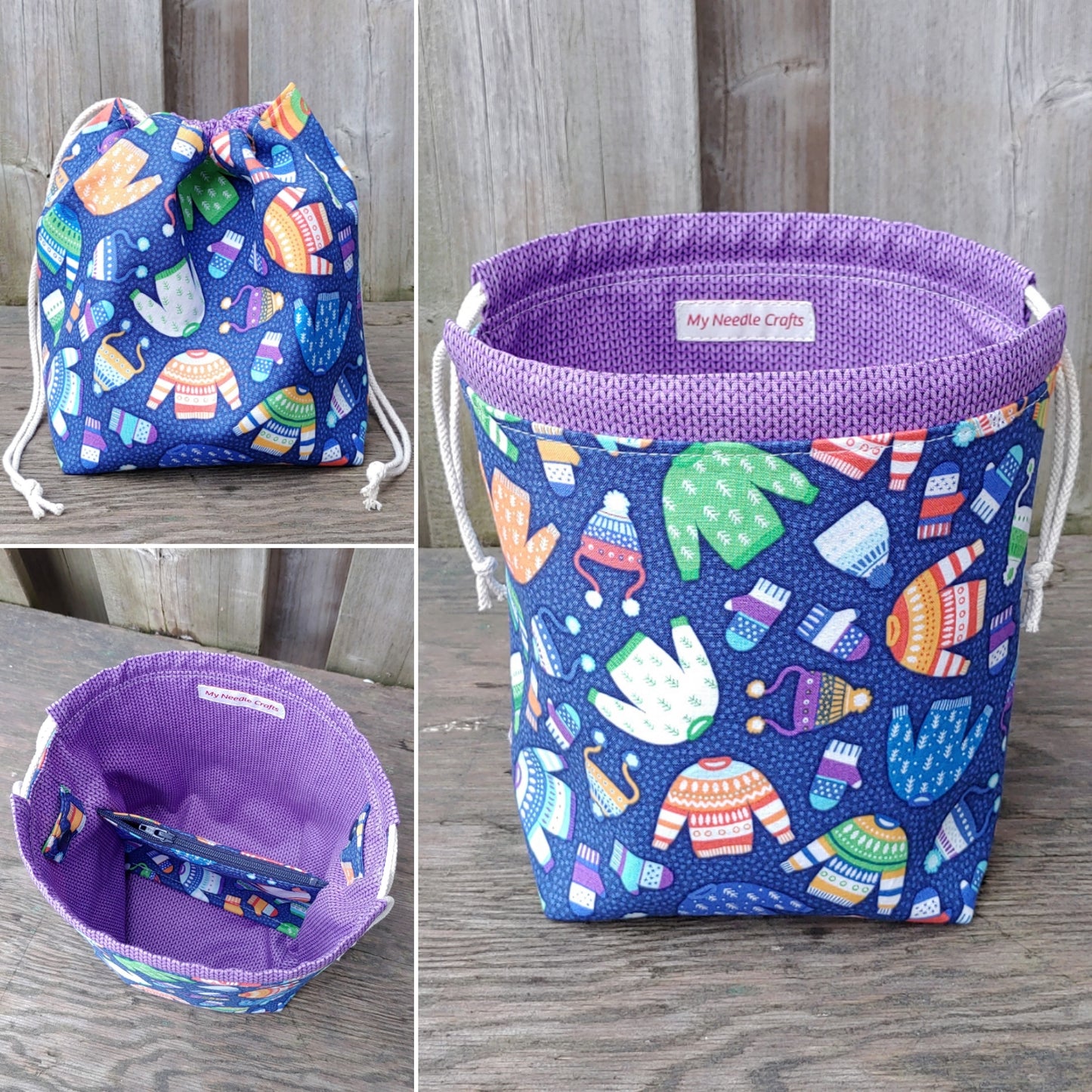 Sweater Weather Print Divided Sock Size Knitting Bag