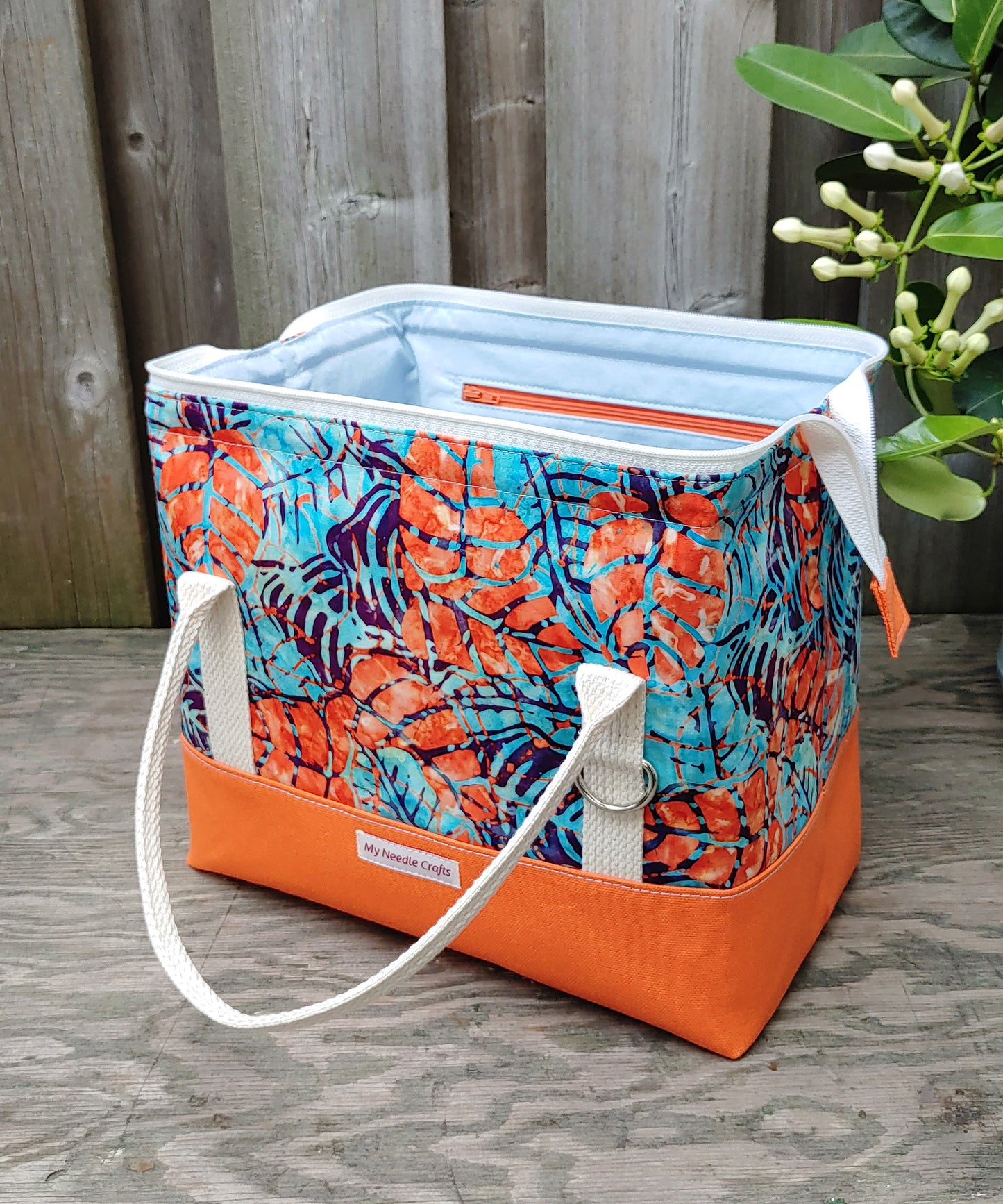 Orange and Blue Leafy Batik print Knit Night Project Bag