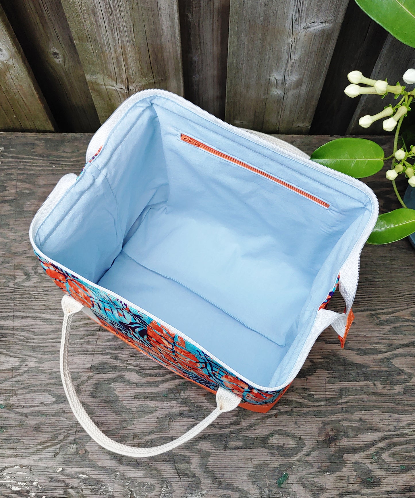 Orange and Blue Leafy Batik print Knit Night Project Bag