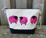 Pink wool sheep appliqued Linen and Denim Shawl Bag